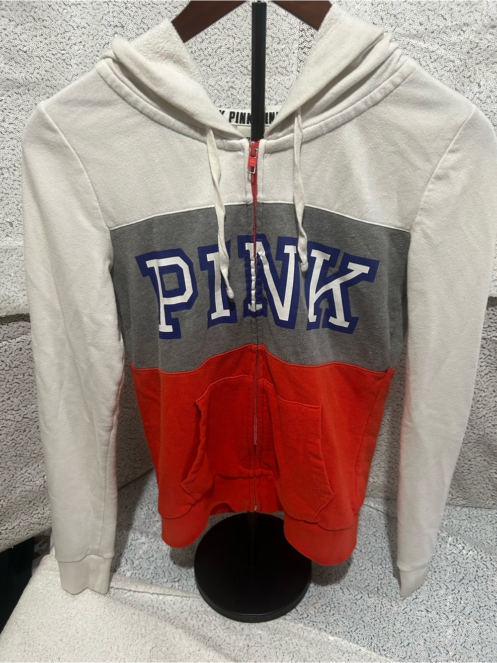 PINK Victoria's Secret White, Gray & Red Colorblock Zip Hoodie